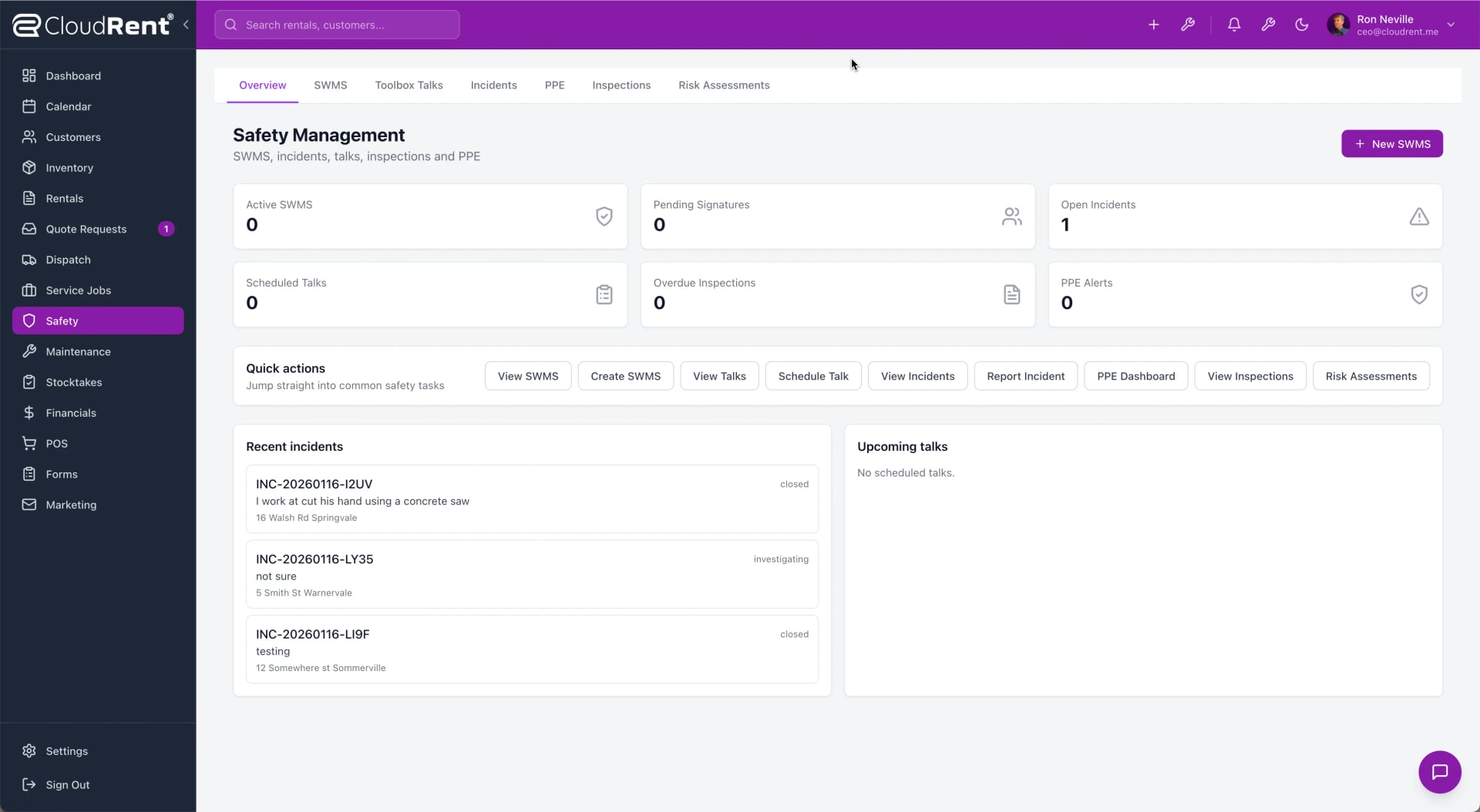 Safety Management - CloudRent rental software screenshot
