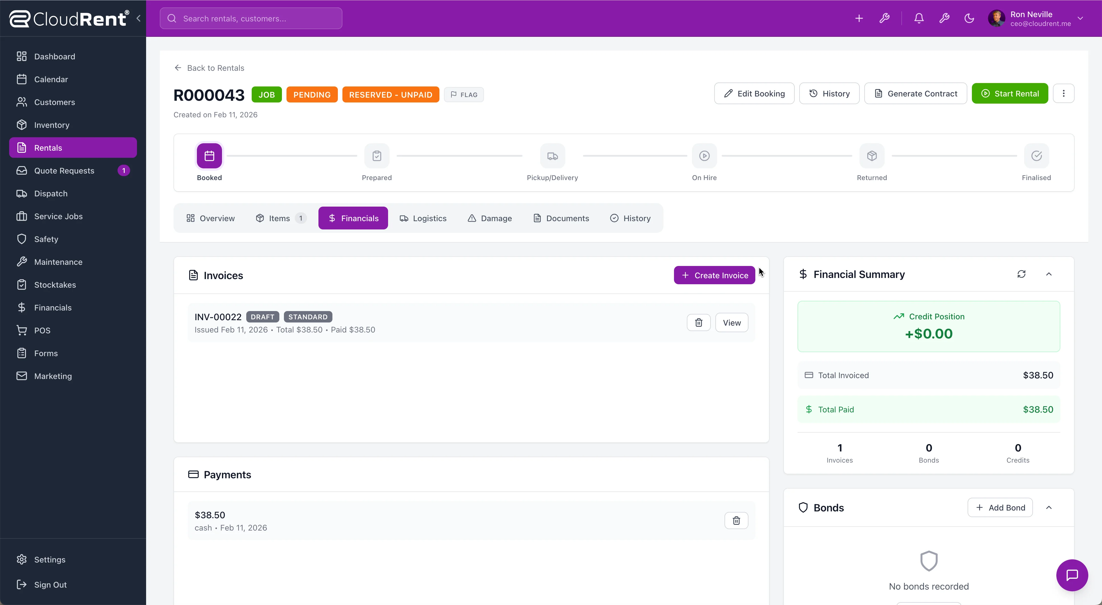 Invoicing & Payments - CloudRent rental software screenshot